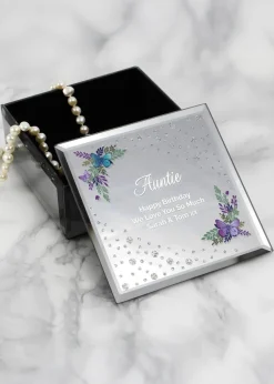 Personalised Memento Company Floral Butterfly Diamante Silver Glass Trinket Box