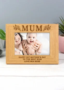 Personalised Memento Company Floral Mum 6x4 Brown Oak Finish Photo Frame