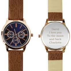 Personalised Memento Company Rose Gold Mens Watch with Brown Strap and Presentation Box