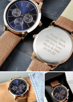 Personalised Memento Company Rose Gold Mens Watch with Brown Strap and Presentation Box
