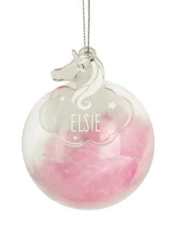 Personalised Memento Company Pink Feather Glass Bauble With Unicorn Tag