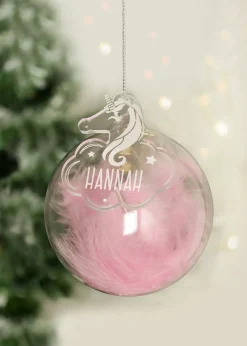 Personalised Memento Company Pink Feather Glass Bauble With Unicorn Tag