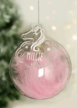 Personalised Memento Company Pink Feather Glass Bauble With Unicorn Tag