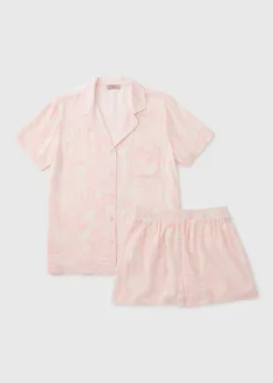 Pink Crinkle Palm Leaf Shorts Pyjama Set