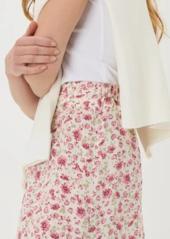 Pink Floral Flared Hem Midi Skirt