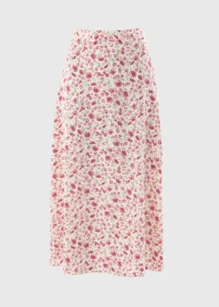Pink Floral Flared Hem Midi Skirt