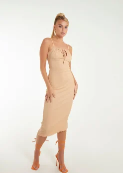 Pink Vanilla Beige Crinkle Tie Midi Dress