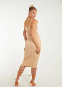 Pink Vanilla Beige Crinkle Tie Midi Dress