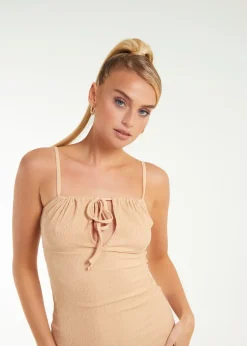 Pink Vanilla Beige Crinkle Tie Midi Dress