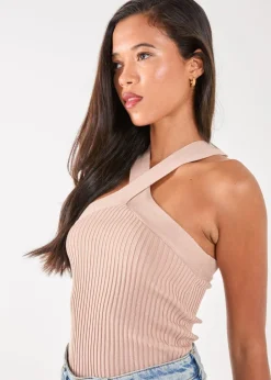 Pink Vanilla Beige Ribbed Sleeveless Halter Neck Top