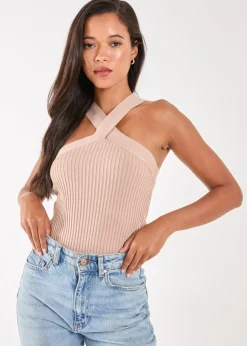 Pink Vanilla Beige Ribbed Sleeveless Halter Neck Top