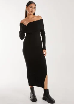 Pink Vanilla Black Bardot Ribbed Knit Midi Dress