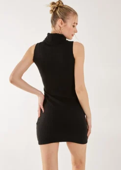 Pink Vanilla Black Brushed Sleeveless Polo Neck Mini Dress