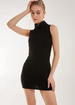 Pink Vanilla Black Brushed Sleeveless Polo Neck Mini Dress