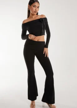 Pink Vanilla Black Corsage Detail Bardot Long Sleeve Top