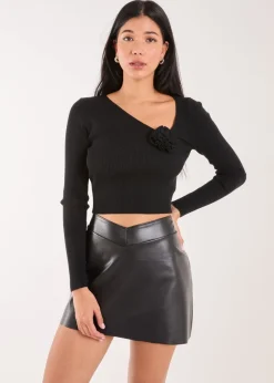 Pink Vanilla Black Corsage Knit Long Sleeve Top