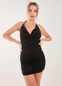 Pink Vanilla Black Cowl Neck Lace Mini Dress