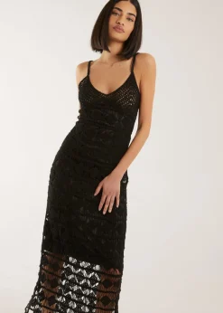 Pink Vanilla Black Crochet Geo Pattern Maxi Dress