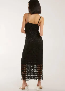 Pink Vanilla Black Crochet Geo Pattern Maxi Dress