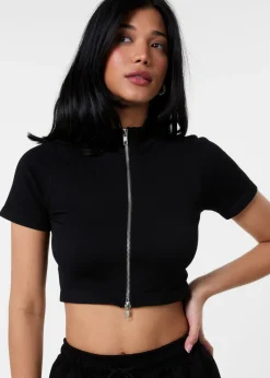 Pink Vanilla Black Double Zip Short Sleeve Rib Top