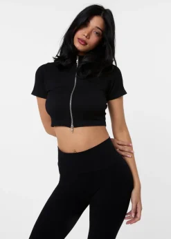 Pink Vanilla Black Double Zip Short Sleeve Rib Top