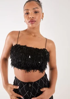 Pink Vanilla Black Feather Sequin Cami Top