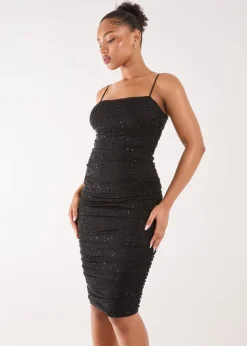 Pink Vanilla Black Glitter Mesh Ruched Midi Dress