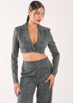 Pink Vanilla Black Glitter Cropped Blazer