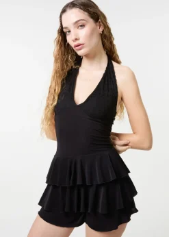 Pink Vanilla Black Lace Halter Neck Ruffle Playsuit