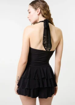 Pink Vanilla Black Lace Halter Neck Ruffle Playsuit