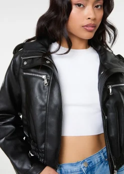 Pink Vanilla Black Pocket Detail PU Cropped Bomber Jacket