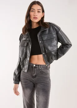 Pink Vanilla Black PU Utility Cropped Bomber Jacket
