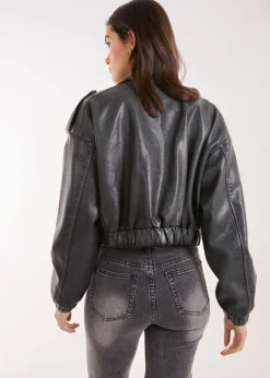 Pink Vanilla Black PU Utility Cropped Bomber Jacket