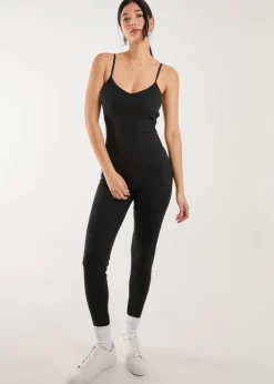 Pink Vanilla Black Ribbed Bodycon Unitard All in One