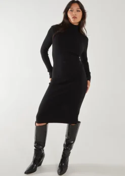 Pink Vanilla Black Ribbed Roll Neck Midi Dress