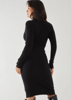 Pink Vanilla Black Ribbed Roll Neck Midi Dress