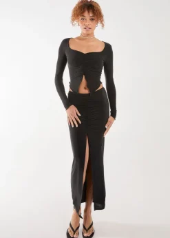 Pink Vanilla Black Slinky Ruched Maxi Skirt