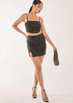 Pink Vanilla Black Split Front Diamante Mini Skirt