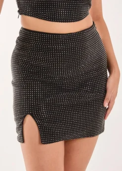 Pink Vanilla Black Split Front Diamante Mini Skirt