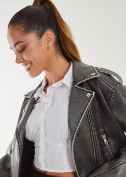 Pink Vanilla Black Stone Wash PU Biker Jacket