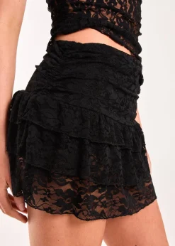 Pink Vanilla Black Tiered Ruffle Lace Mini Skirt