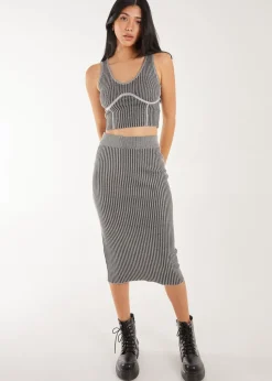 Pink Vanilla Black Two Tone Rib Midi Skirt