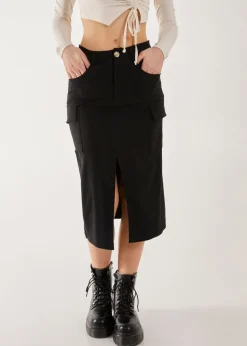 Pink Vanilla Black Utility Cargo Midi Slit Skirt