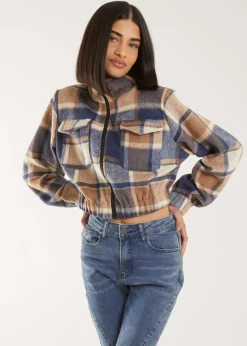 Pink Vanilla Blue Cropped Tartan Style Fleece Jacket