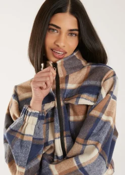 Pink Vanilla Blue Cropped Tartan Style Fleece Jacket