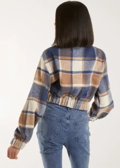 Pink Vanilla Blue Cropped Tartan Style Fleece Jacket