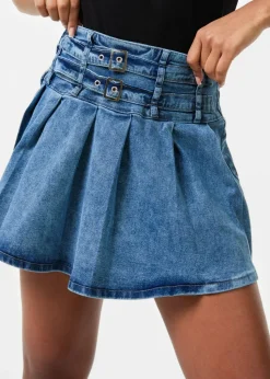 Pink Vanilla Blue Denim Double Belt Pleat Mini Skirt