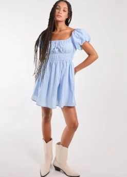 Pink Vanilla Blue Puff Sleeve Mini Dress with Shorts