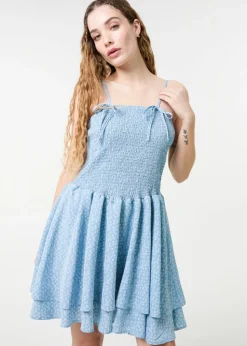 Pink Vanilla Blue Shirred Ruffle Mini Dress