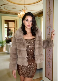 Pink Vanilla Brown Cropped Fur Pelted Jacket